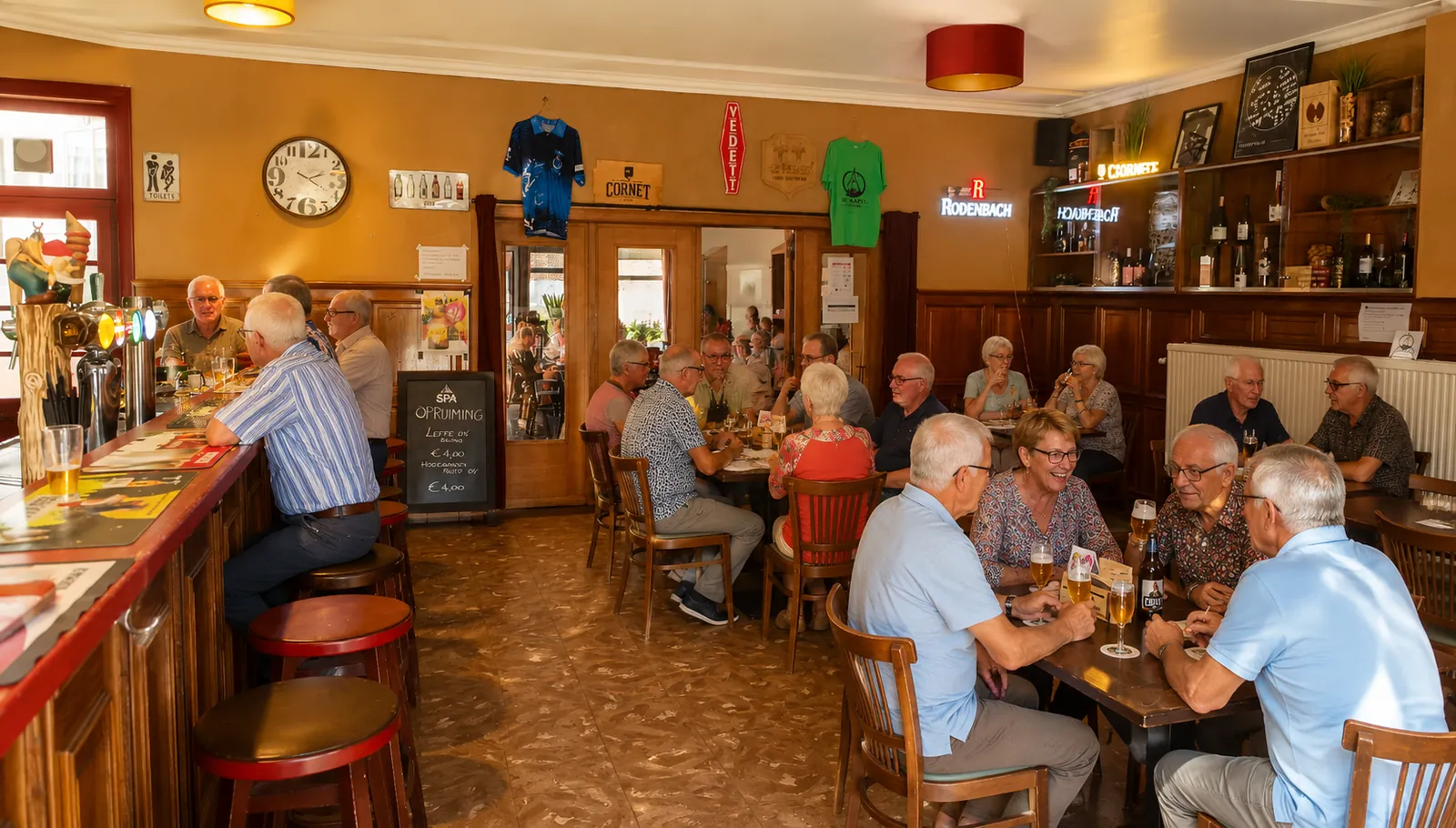 Bezoekers van verschillende leeftijden in het warme interieur van Café De Kapel