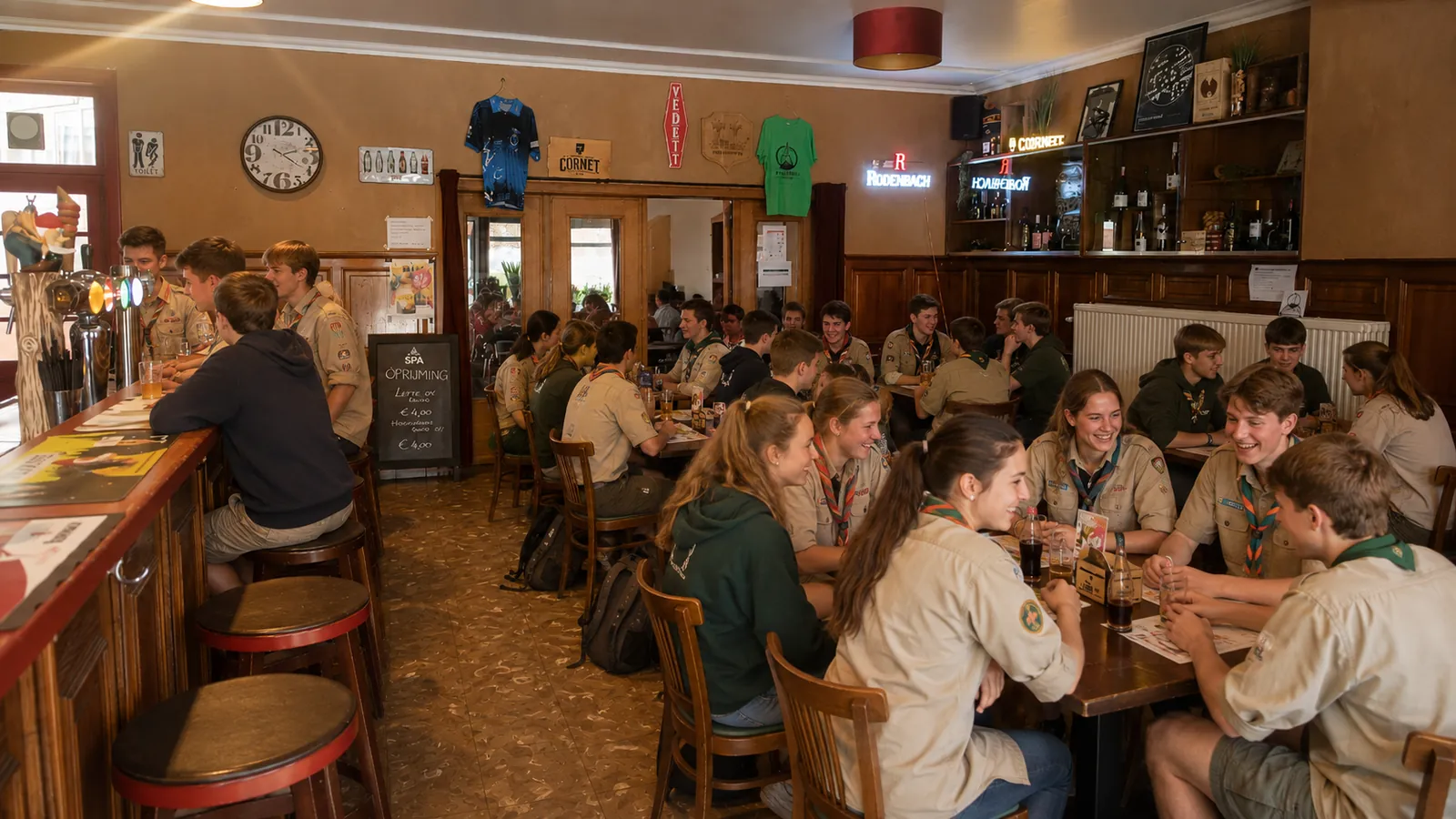 Belgische scouts samen aan tafel en aan de toog in Café De Kapel
