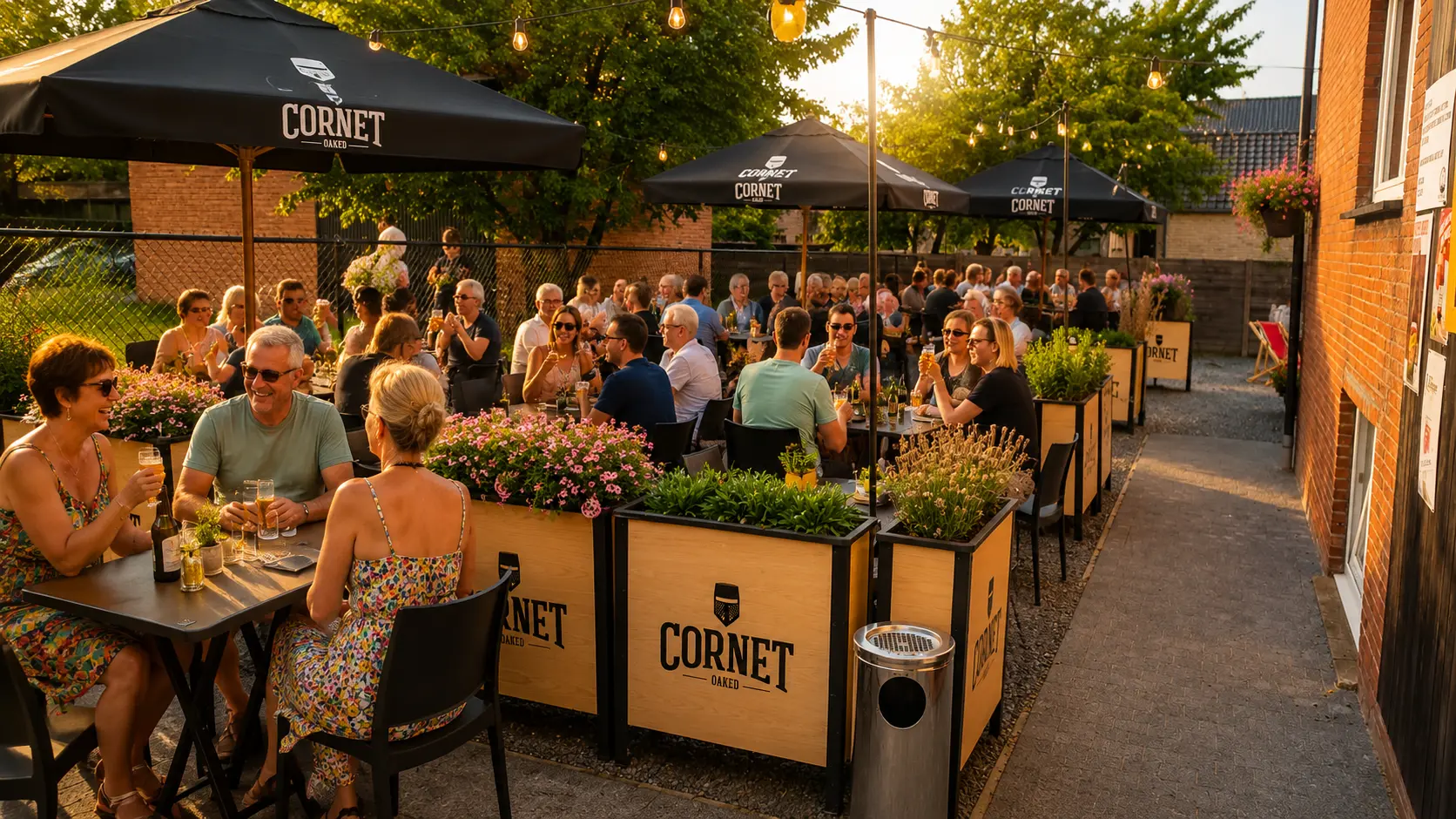 Gezellig bezet terras van Café De Kapel met zwarte Cornet-parasols